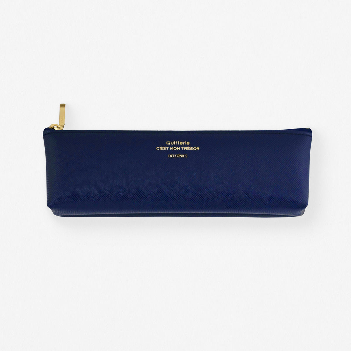 Delfonics Quitterie Pen Case in navy, textured vegan leather with gold hardware